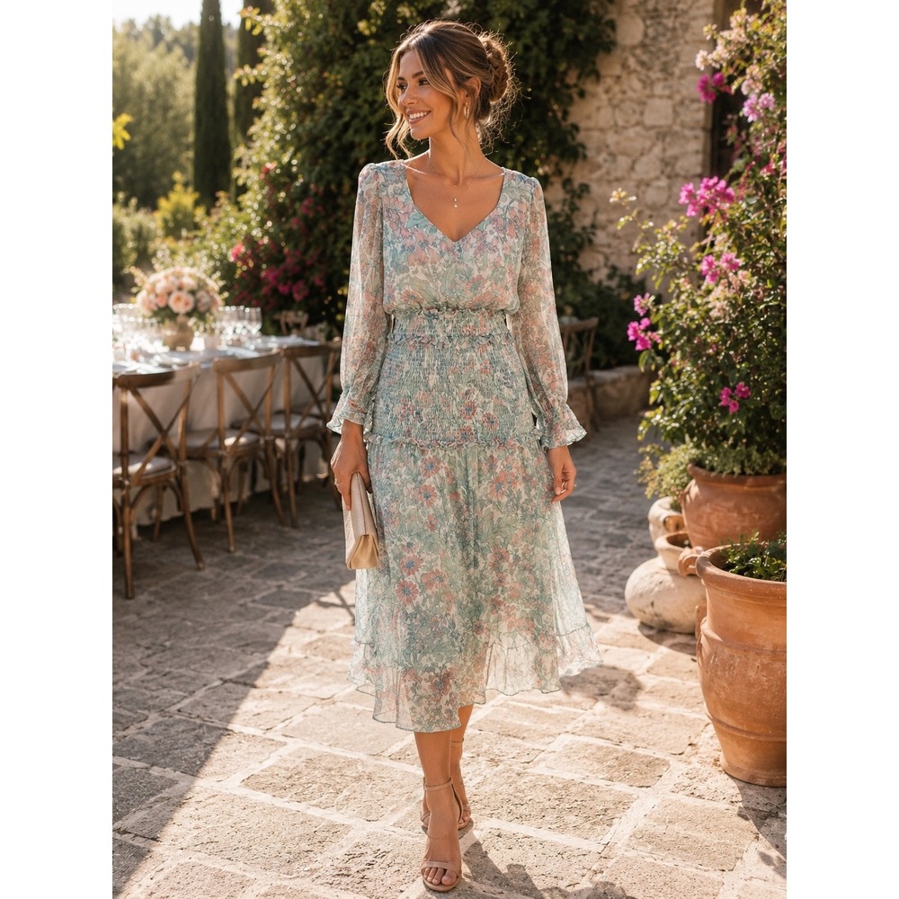 LoveShackFancy Floral Smocked Midi Dress Blue Pink Ruffle Size M